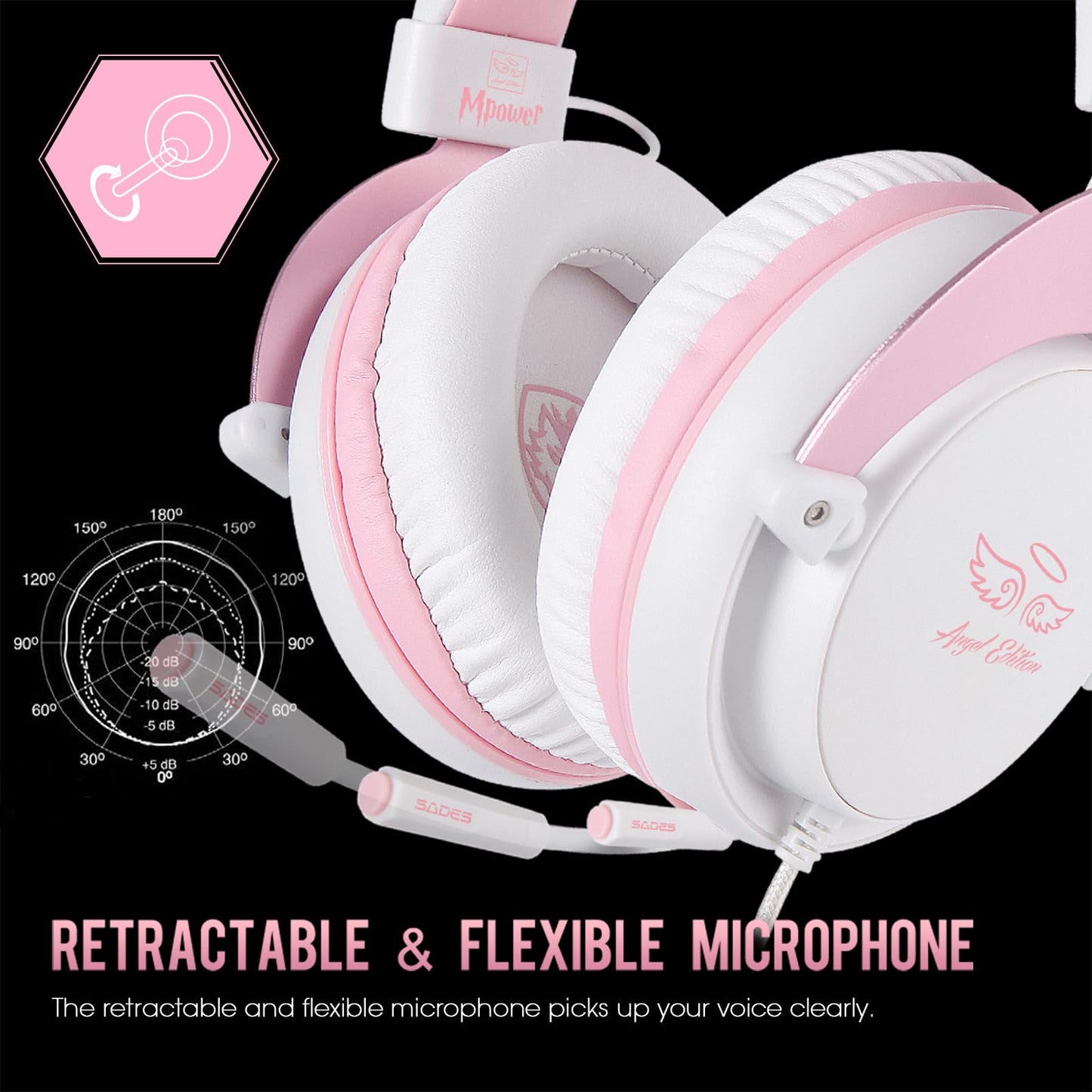 USOTSO MPOWER Stereo Gaming Headset for PS4, PC, Mobile, Noise Cancelling Over Ear Headphones with Retractable Flexible Mic & Soft Memory Earmuffs for Laptop Mac Games-Angel Edition