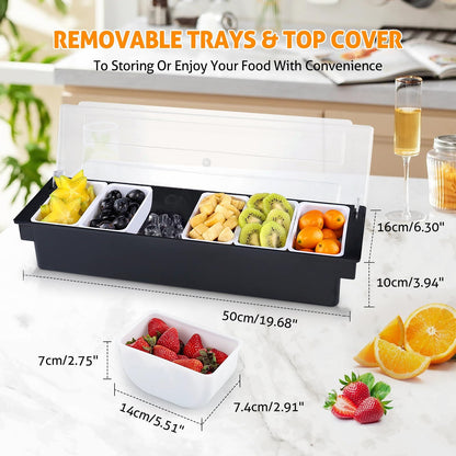 WICHEMI Fruit, Veggie & Condiment Caddy with Lid Dispenser Tray Garnish Station for Bartending & Serving Taco, Ice Cream, Salad Bar - Topping Organizer for Restaurant Supplies (6 Compartment, 2 Pack)
