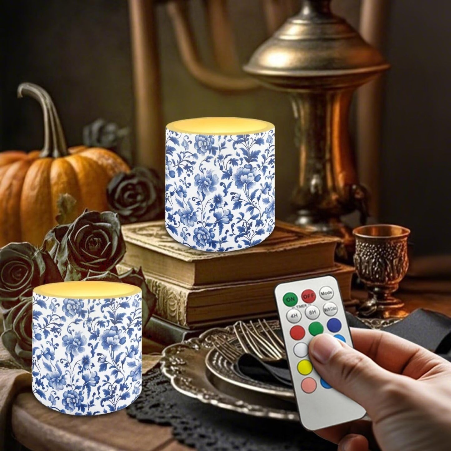 Poceacles Flickering LED Candles Set of 4 with Remote Control, Battery-Powered Flameless Candles Decorative Tealights for Party Indoor Outdoor Decor, Blue Floral Retro