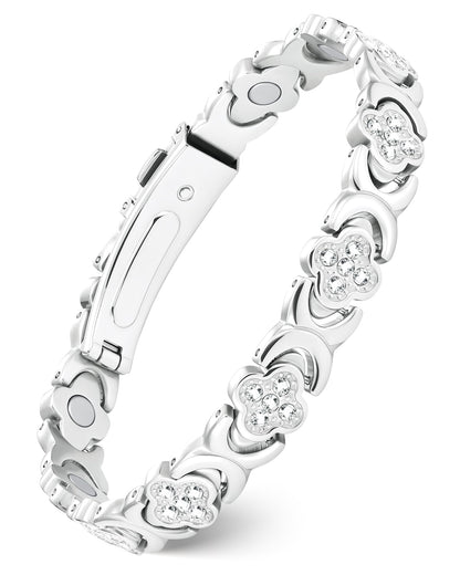 Feraco Pure Copper Bracelets for Women, Ultra Strength Magnetic Bracelet with 3800 Gauss Magnets & Sparkling Zirconia, Adjustable, Infinite Clover Jewelry (Silver)