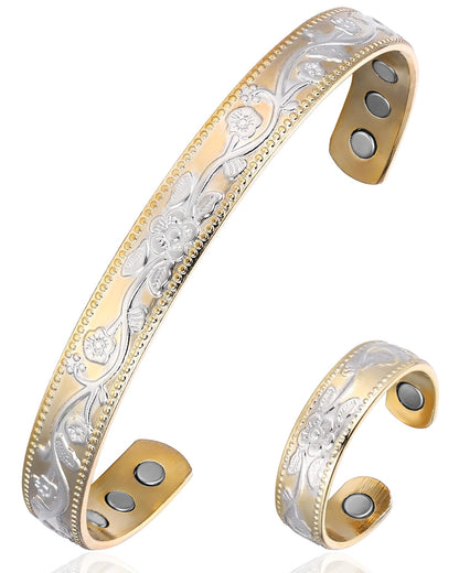 BioMag Copper Bracelet & Ring for Women, 99.99% Pure Copper Magnetic Bracelet Lymphatic Drainage Rings with 3500 Gauss Magnets, Adjustable & Flower Pattern (Gold Base with Silver)