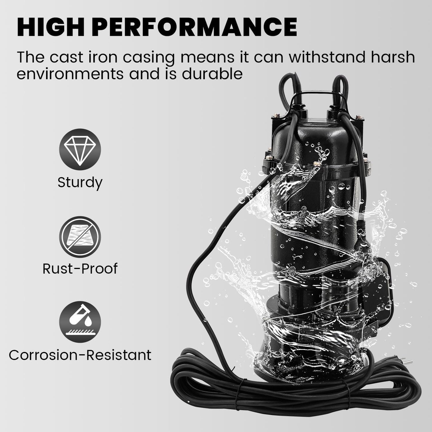 Yutmatin 2HP 110V Submersible Sump Pump, 6498GPH Cast Iron Sewage/Effluent Pump 1500W with 66ft Hose and Automatic Float Switch, for Basement Sump and Sewage Well, 2 inch Discharge