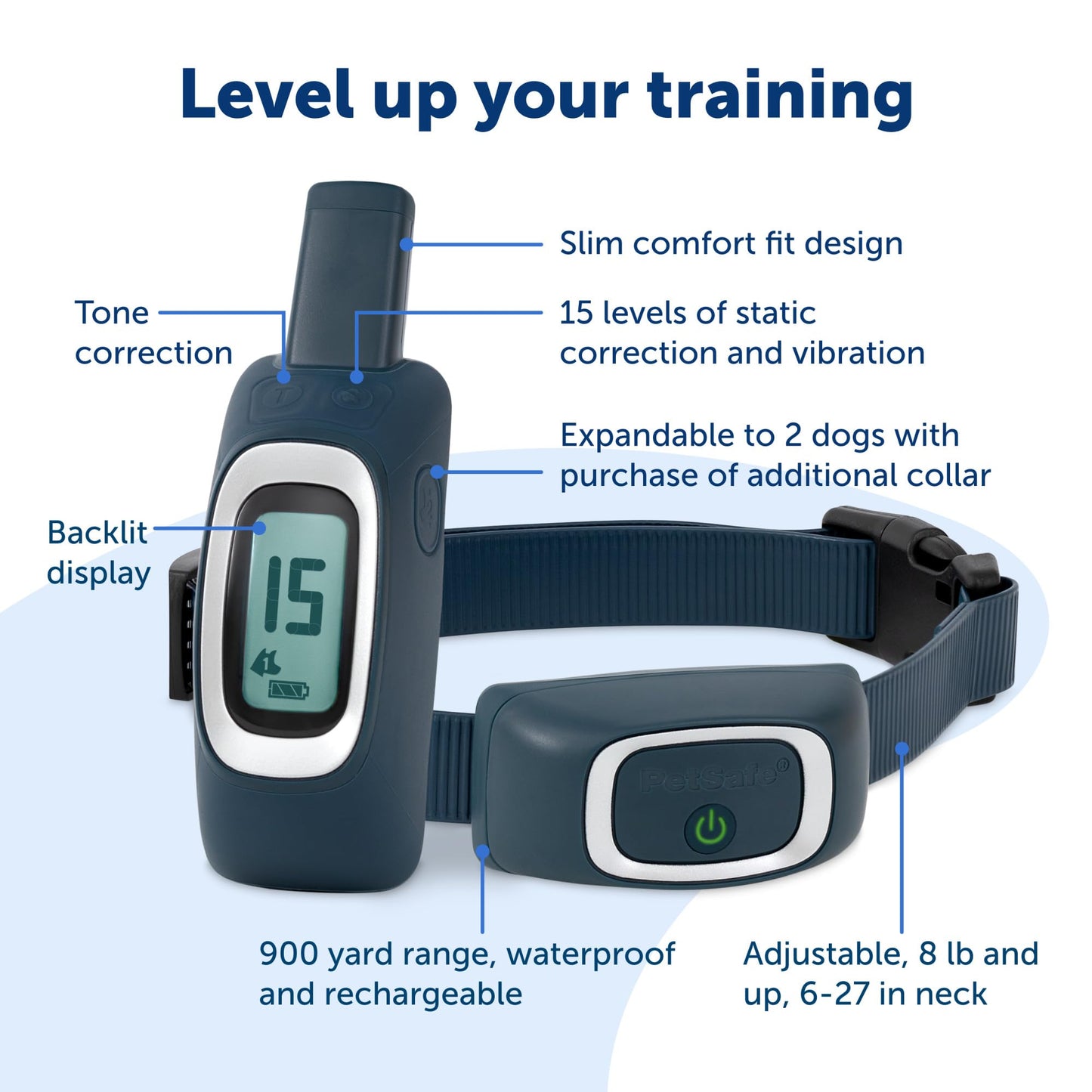 PetSafe 900 Yard Remote Training Collar Choose from Tone, Vibration, or 15 Levels of Static Stimulation Longest Range Option for Training Off Leash Dogs Waterproof and Durable Rechargeable