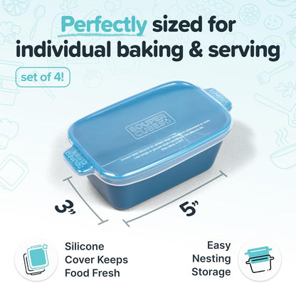 Souper Cubes Stoneware - Small 5" x 3" Ceramic Baking Dish Set of 4 with Silicone Covers | Ideal for Reheating Single Servings - Blueberry