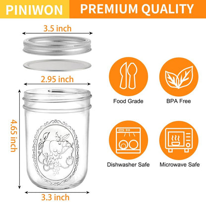 PINIWON Wide Mouth Mason Jars 16 oz with Airtight Lids and Bands, 6 Pack Canning Jars, Clear Glass Pint Jars for Canning, Fermenting, Pickling, Meal Prep, Overnight Oats