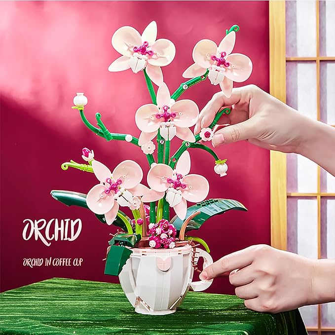 Pink Orchid Flower Building Set for Adults Coffee Cup Orchid Botanical Collection Plant Building Kit Home and Office Decor Gift for Christmas Day Valentines Birthday 567pcs
