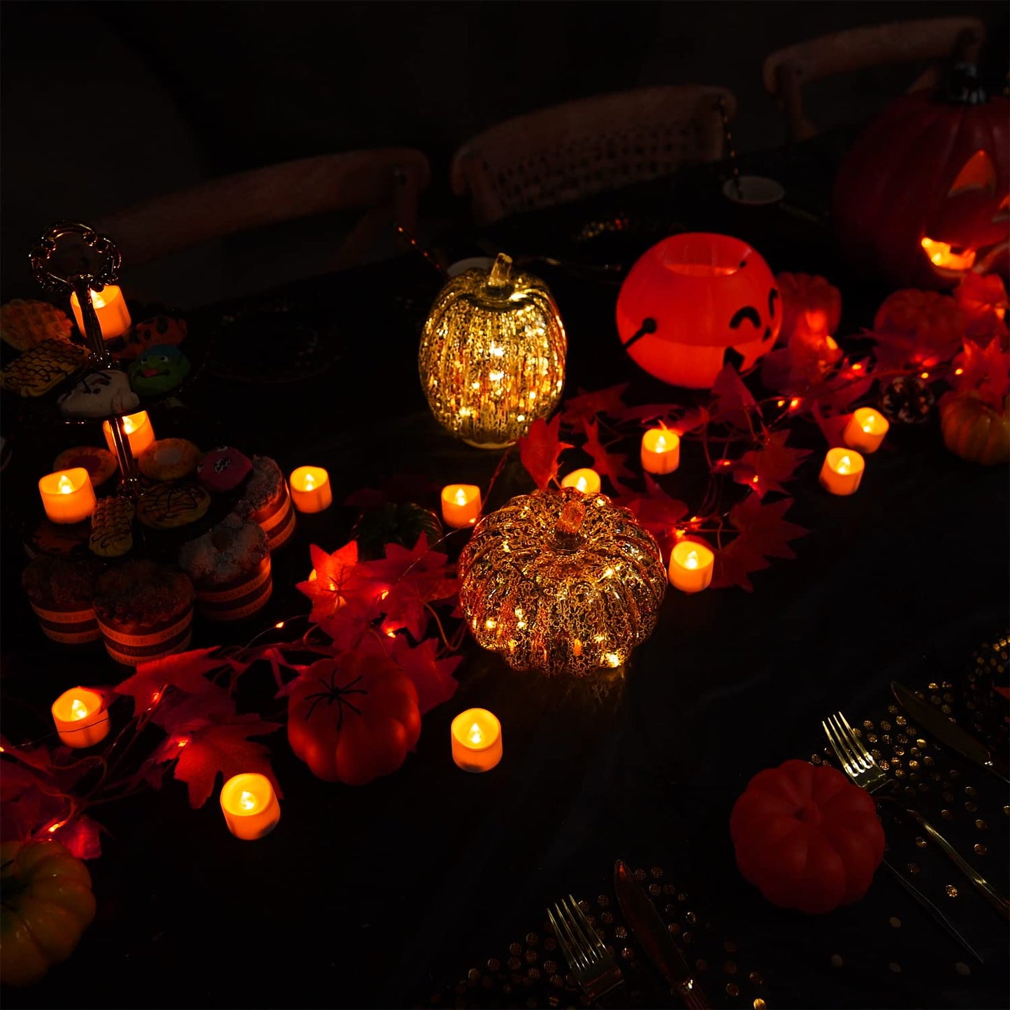 Homemory Halloween 24 Pack Orange Tea Light Candles, Battery Operated LED Tealights, Small Pumpkins Lights, Flameless, Electric Fake Tea Candles for Fall, Diwali Decorations