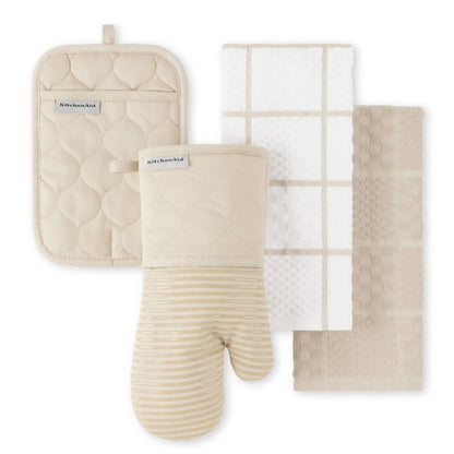 KITCHENAID Quilted Cotton Terry Cloth Oven Mitt, Pot Holder, Kitchen Towel 4-Pack Set, Heat Resistant, Silicone Grip, 16"x26", 7"x13" & 7"x10", Milkshake