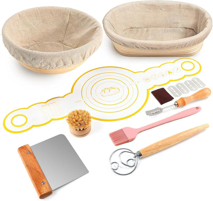 DOYOLLA Bread Proofing Baskets Set of 2, 10 inch Oval & 8.5 inch Round Dough Proofing Bowls w/Liners Perfect for Sourdough Bread Baking, Bakers Baking, Gifts for Bakers, Bread Making Kit