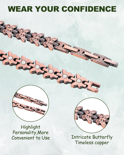 MagEnergy Copper Bracelet for Women, 99.99% Pure Solid Copper Bracelet with 3500 Gauss Magnetic, Adjustable, Jewelry Gift (Copper-Butterfly+Ring/A)