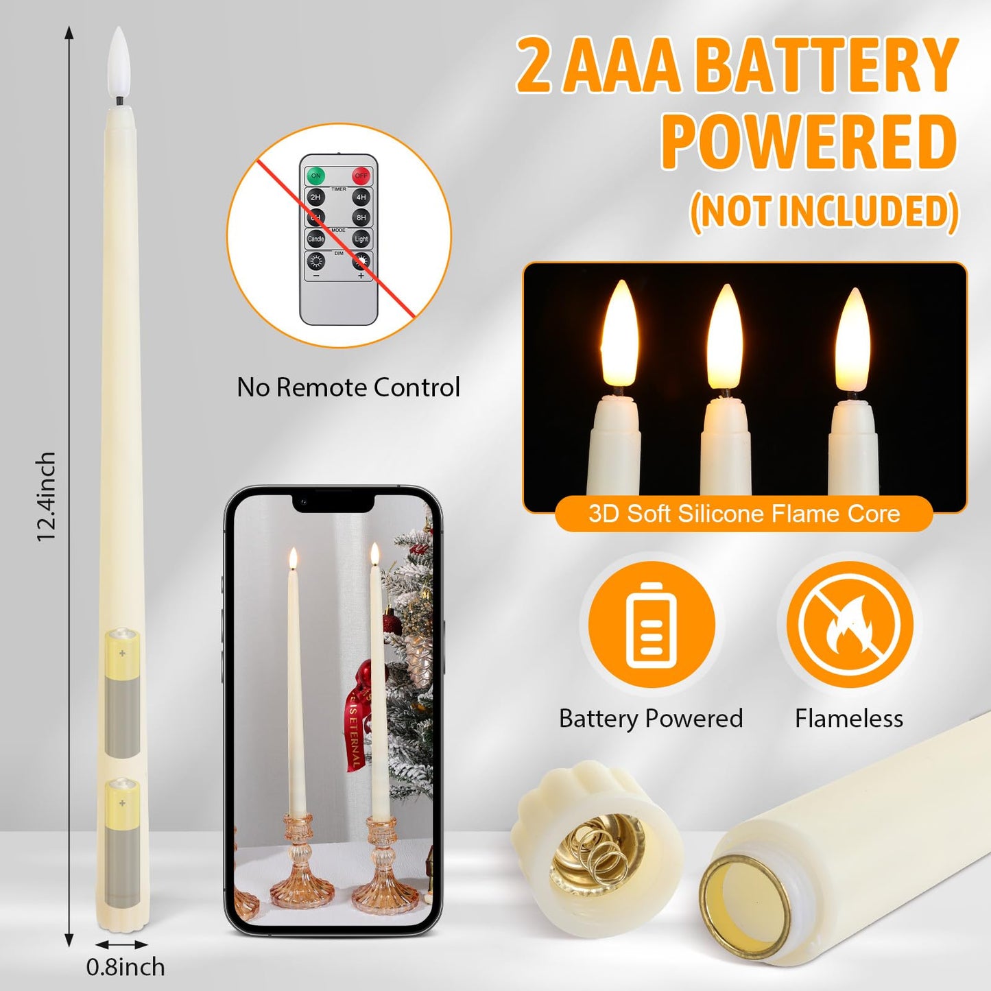 Baquler 24 Pcs Flameless Taper Candles Battery Operated Bulk 12.4 Ivory LED Taper Candles Flickering LED Candlesticks for Wedding Advent Halloween Christmas Party Decor