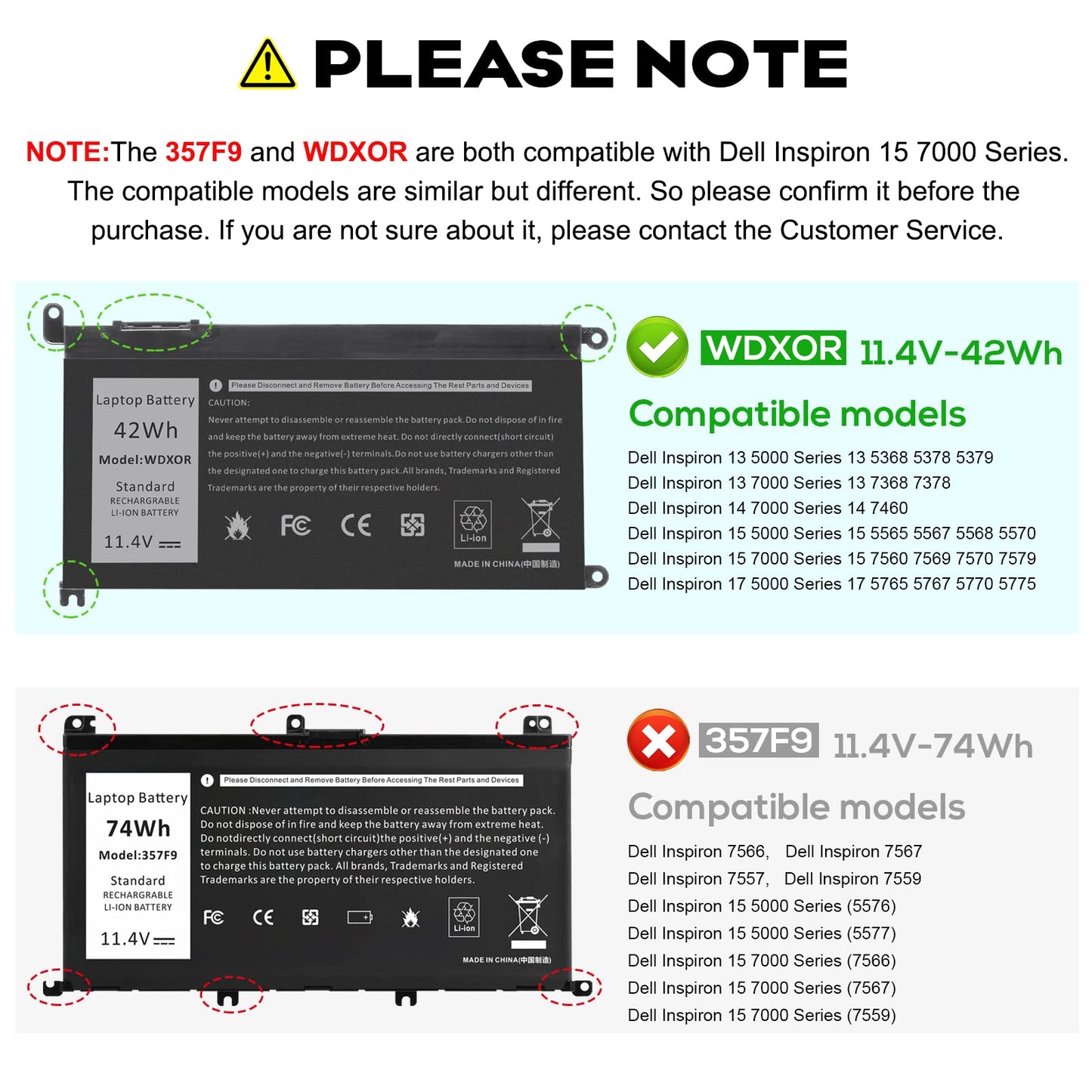 TREE.NB WDX0R Laptop Battery Replacement for Dell Inspiron 13 15 5000 7000 Series 5565 5567 5570 5578 7560 7570 7573 7579 5368 5378 Latitude 7368 17 5765 5767 Series Notebook 3CRH3 T2JX4 11.4V 42Wh
