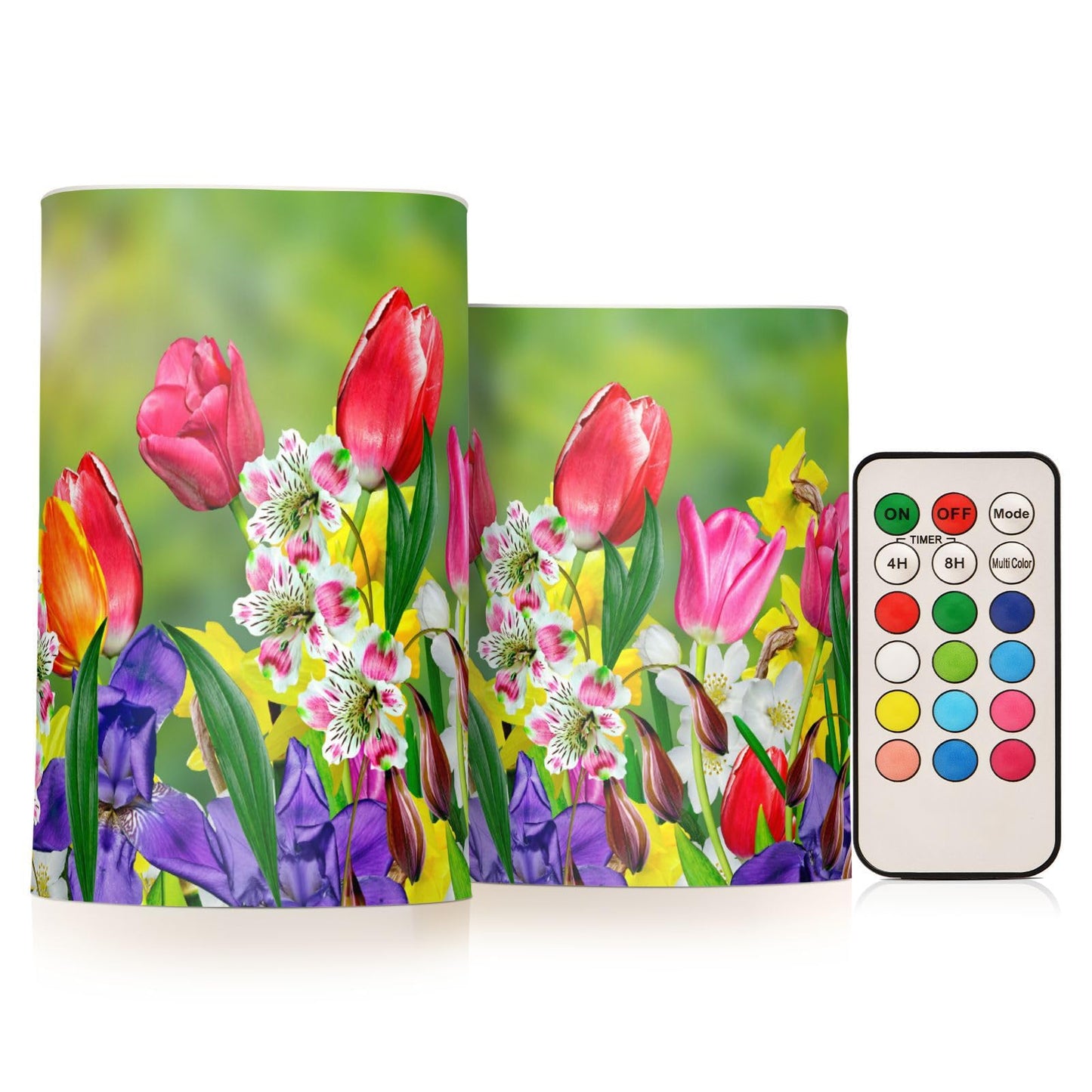 Eionryn Spring Flowers Daffodil Tulips Flameless Candles Summer Floral Sunrise Battery Operated LED Candles with Remote Timer Electric Candles for Home Party Decor 2pcs