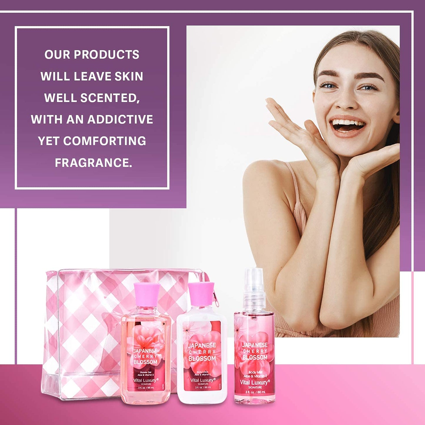 Vital Luxury Bath & Body Care Travel Set - Home Spa Set with Body Lotion, Shower Gel and Fragrance Mist, Personal Body Care Travel Set for Birthday Christmas New Year Gifts(Japanese Cherry Blossom)