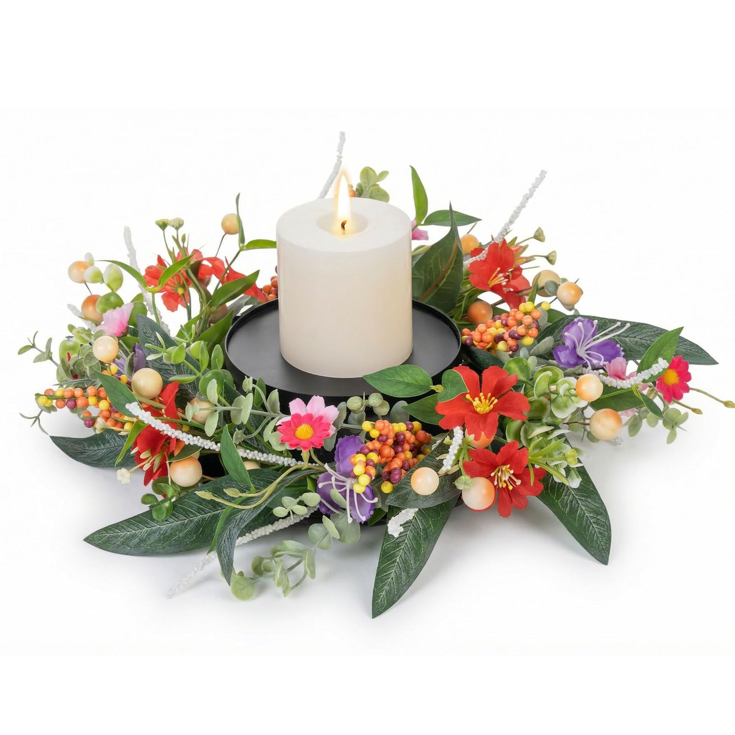 MOYEE Summer Candle Holder Centerpieces for Tables,Candle Ring, Black Metal Candlestick with an Artificial Wreath 14 in Versatile Dining Table Centrepiece (Autumn-Themed Flower and Fruit Wreath)