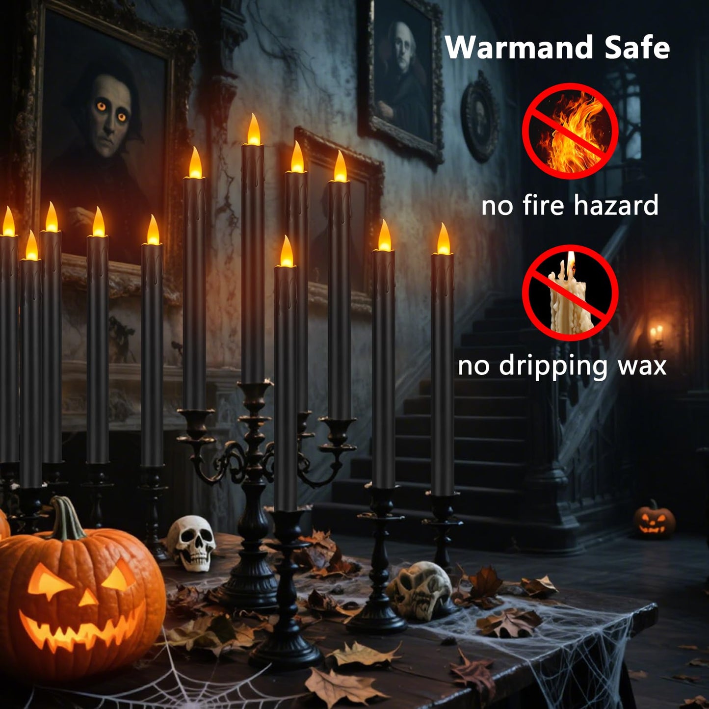 wemarry 10" Flameless Taper Candles with Remote, 12 Pcs Black Electric Led candlesticks, Plastic Tall Taper Candles Battery Operated with Flickering Flame for Halloween Christmas Wedding Home Décor