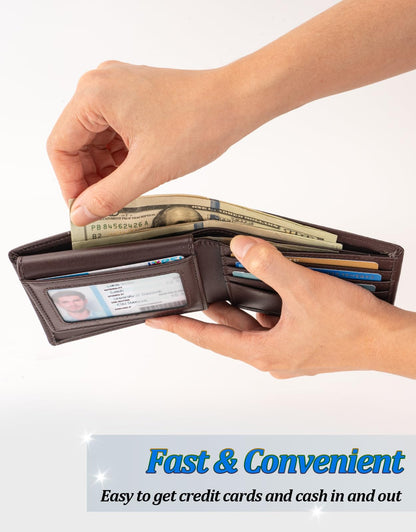 Wallet for Men, Premium Classic Mens Wallet Minimalist Slim Bifold Wallet, RFID Blocking Wallet with 10 Credit Card, 2 ID Window and 2 Cash Slots, Leather Compact Wallet, Front Pocket Card Holder
