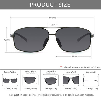 SUNGAIT Ultra Lightweight Rectangular Polarized Sunglasses Men UV400 Protection (Gunmetal Frame Gray Lens, 62) Metal Frame SGT458 QKH-CA