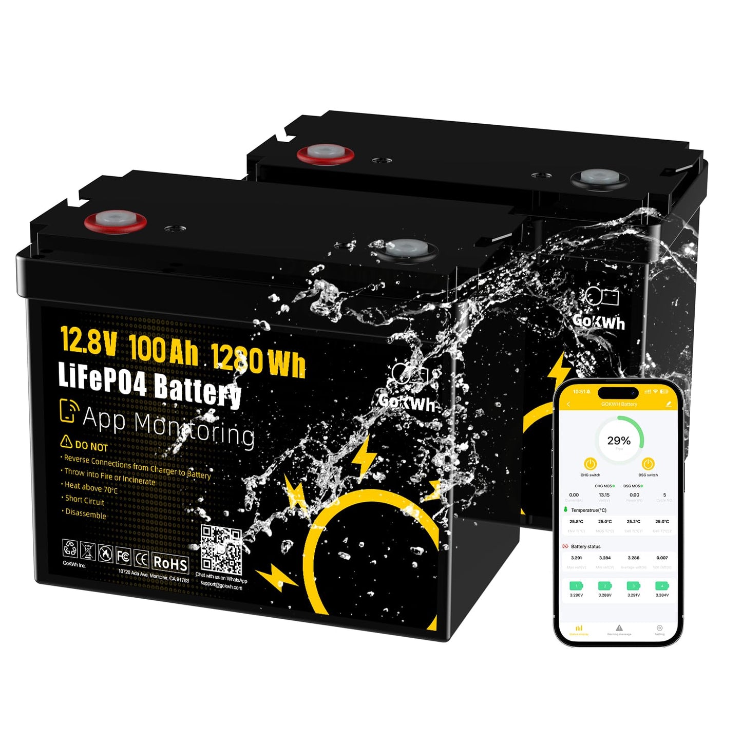 (2-Pack) 12V 100Ah LiFePO4 Marine Battery with Bluetooth APP, 1280Wh Deep Cycle Trolling Motor Battery, Built-in 100A BMS, 4000+ Deep Cycles, for Boat, RV & Off-Grid Solar System