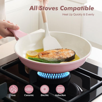 SENSARTE Nonstick Ceramic Frying Pan with Lid 9.5 Inch Omelet Pan Skillet, Free of Intentionally Added PFAS/PTFE Non-toxic Chef's Pan Induction Compatible Pan, Heat Resistant Handle, Sakura Pink