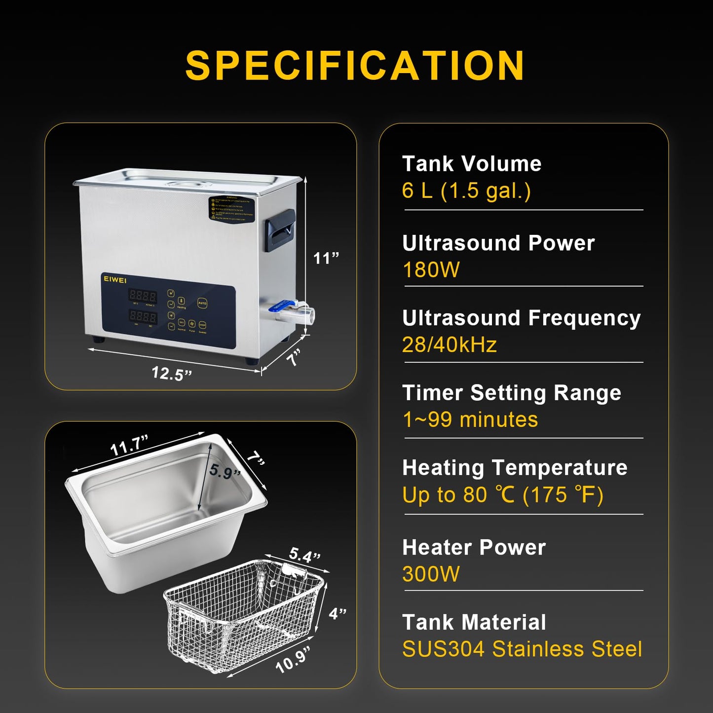 6L Ultrasonic Cleaner, One-Touch Cleaning, Heating, Dual-Frequency, Sweep Frequency, Touch Ultrasonic Cleaning Machine for Labs,Carburetor,Jewelry,Dentures,Automotive Parts