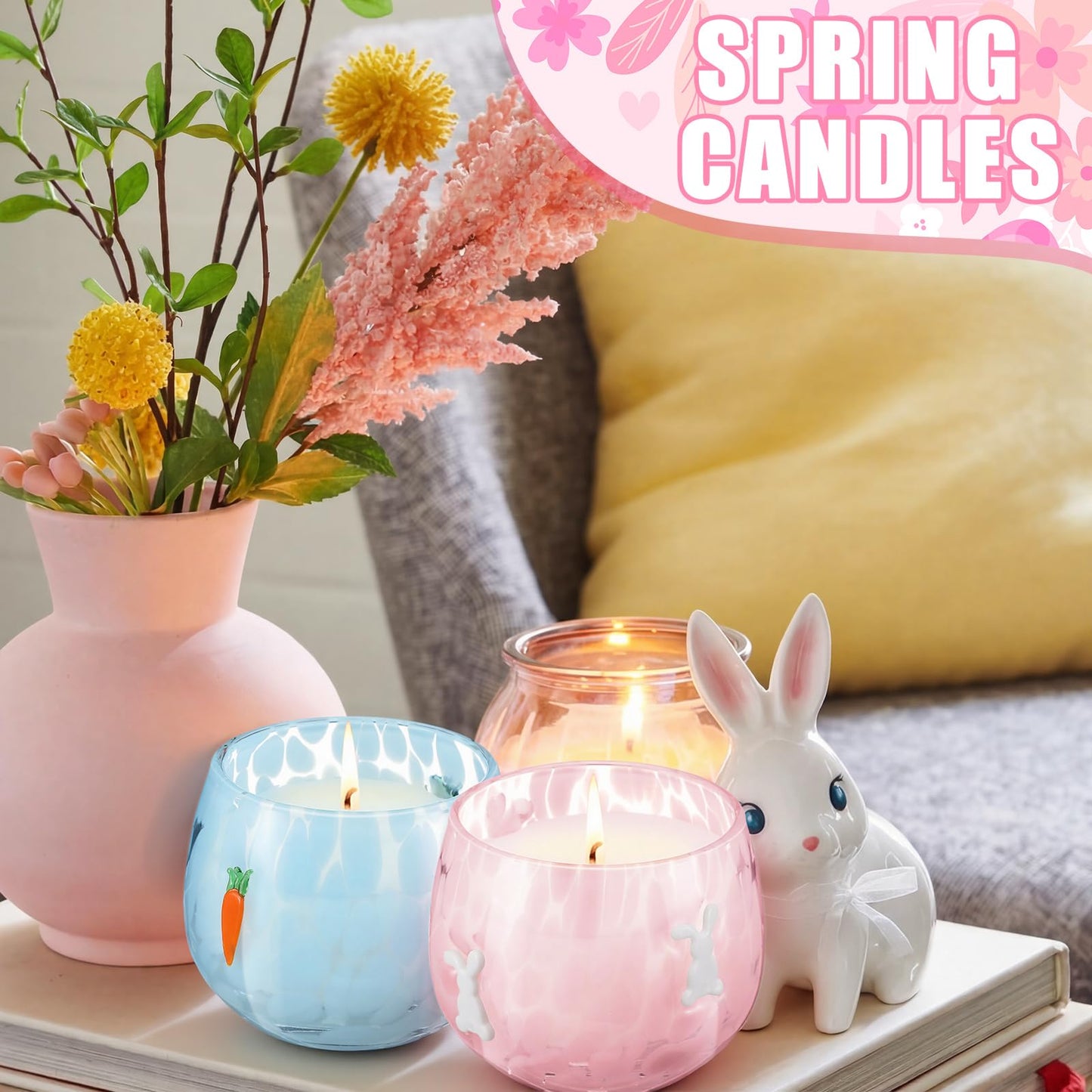 Treela Set of 2 Decorative Spring Easter Candles, 7oz Bunny & Carrot Soy Wax Icon Glass Jar Candles, Spring Home Table Centerpiece Decor, Easter Gift for Women Party Favor