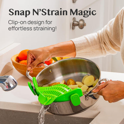 Kitchen Gizmo Snap N' Strain Clip On Strainer for Pots and Pans - Collapsible Silicone Pasta Strainer and Kitchen Gadget for Cooking - Easy to Use, Heat Resistant and Space Saving Colander - Green