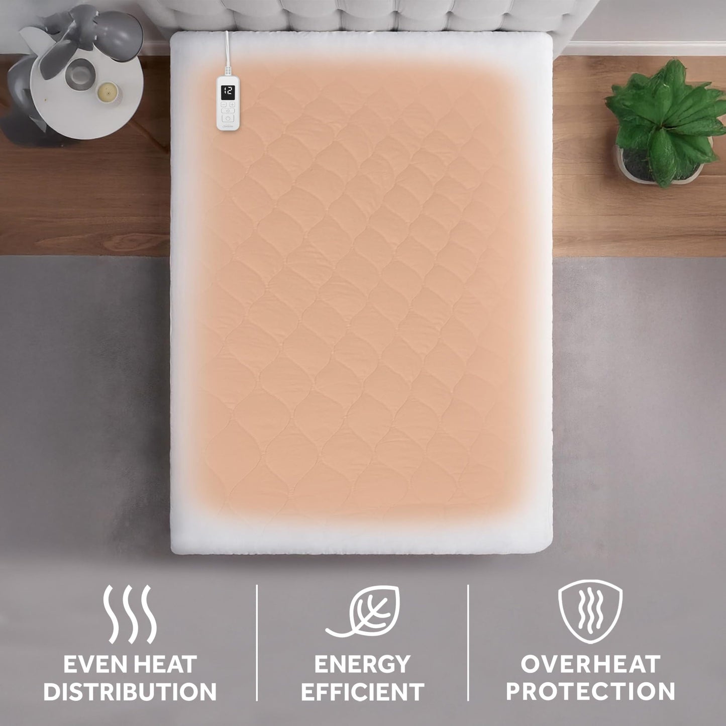 Sunbeam Electric Heated Mattress Pad Queen 80" x 60" 12 Heat Settings 12-Hour Auto Shut-Off Fast Heating Soft Cozy Fabric Deep Pocket Skirt Machine Washable