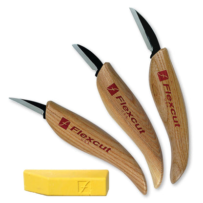 FLEXCUT Starter 3 Wood Carving Knife Set KN500, 1095 High Carbon Steel Blades and Ergonomic Ash Wood Handles for Beginners and Hobbyists