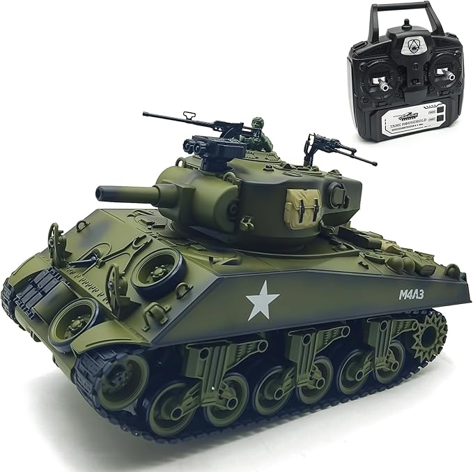fisca Remote Control Tank 2.4Ghz 15 Channel 1/20 Sherman M4A3 Main Battle RC Tank that Shoot BBS Airsoft for Kids Age 10 11 12-16 Year Old