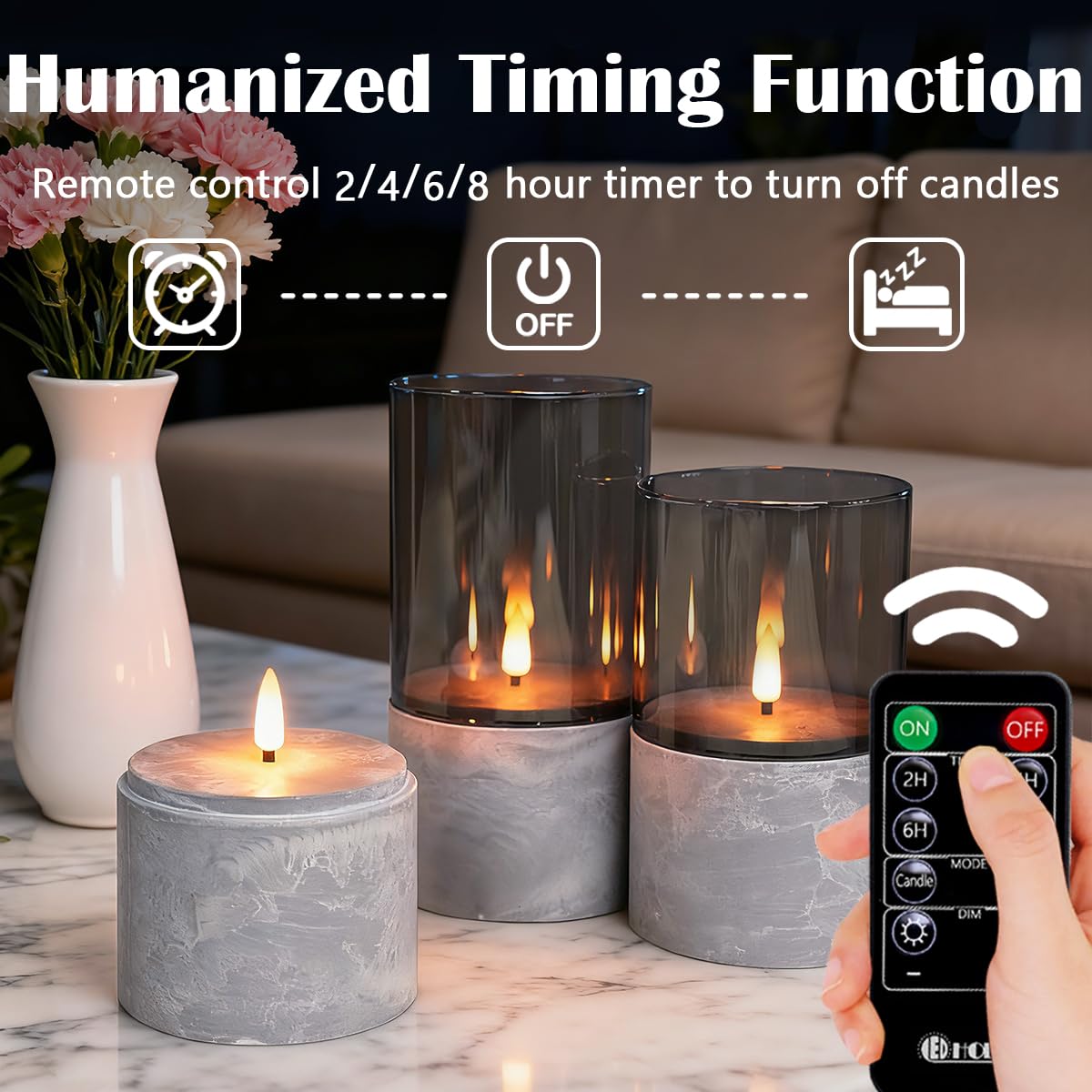 LEDHOLYT Rechargeable Marble Flameless Candles, Gray Glass LED Pillar Candle with Remote & Timer,Decorative Candles for Living Room, Bedroom, Holiday Décor & Gifts for Women,Set of 3