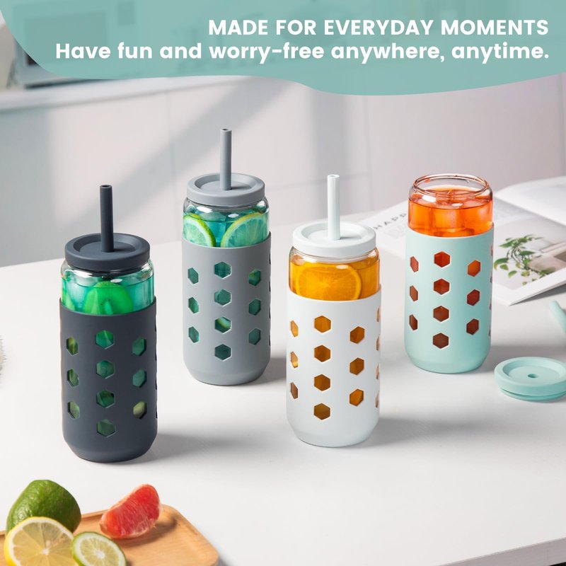 Mrsdry Glass Cups with Lids and Straws (4 Pcs), 20oz Drinking Glasses Set with Silicone Sleeves for Coffee Bar Accessories Iced Coffee Cups with Lids, Glass Tumbler Reusable for Gifts