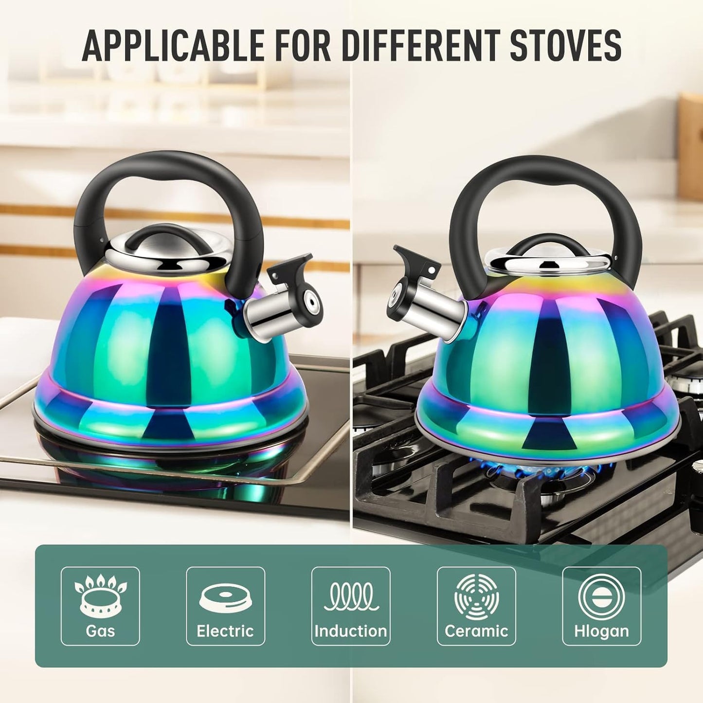 Weftnom Tea Kettle, Kettle 3.7QT, Tea Pot Whistling 316 Stainless Steel, Tea Kettle Stovetop with Cool Folding Handle, Kettle Teapot Rainbow Induction for Boiling Water, Mirror Finish