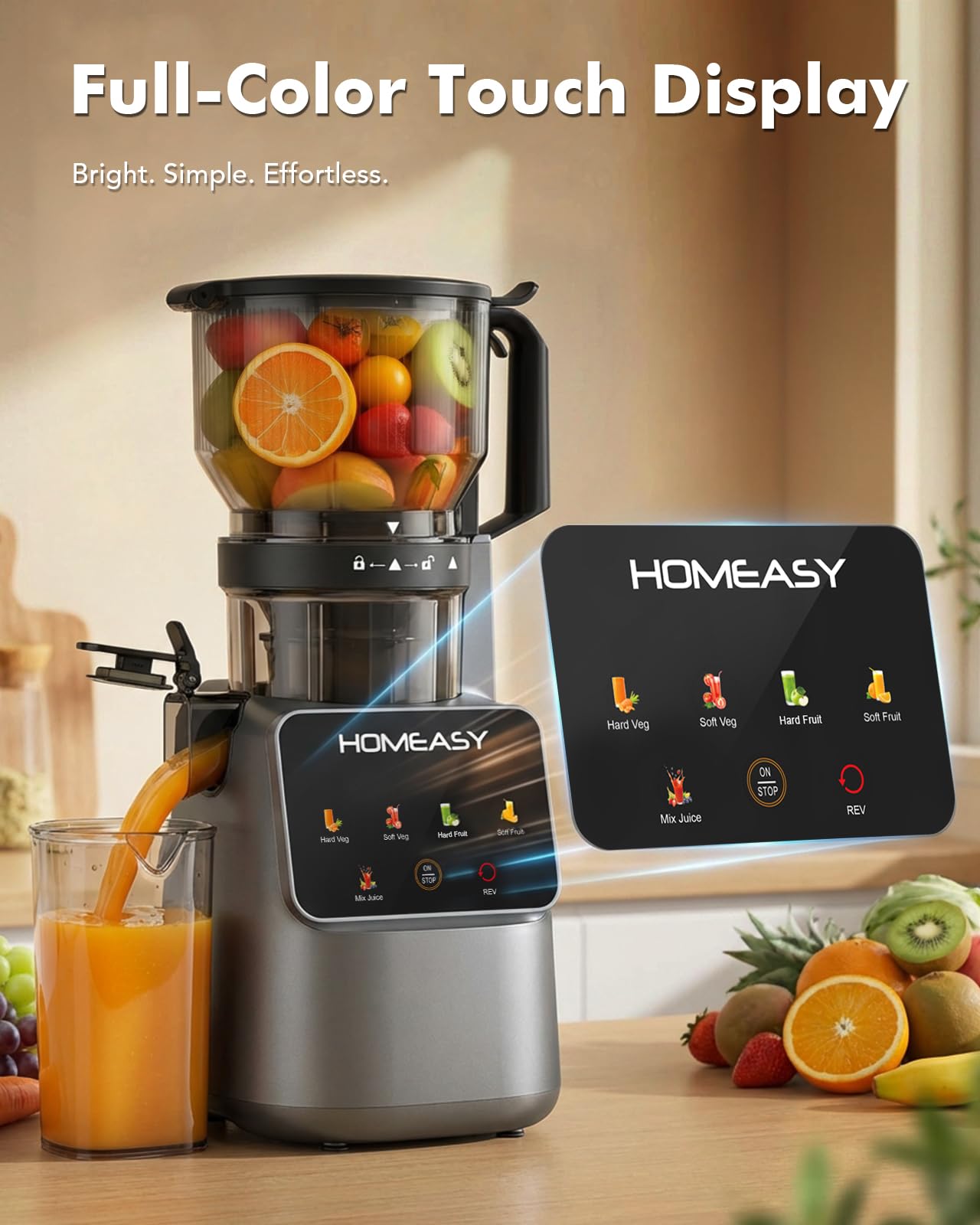 HOMEASY Cold Press Juicer Machines, 5.8'' Large Feed Chute for Whole Fruits and Vegetables, 300W Slow Masticating Juicer, High Juice Yield, 5 Smart Modes, Easy to Clean