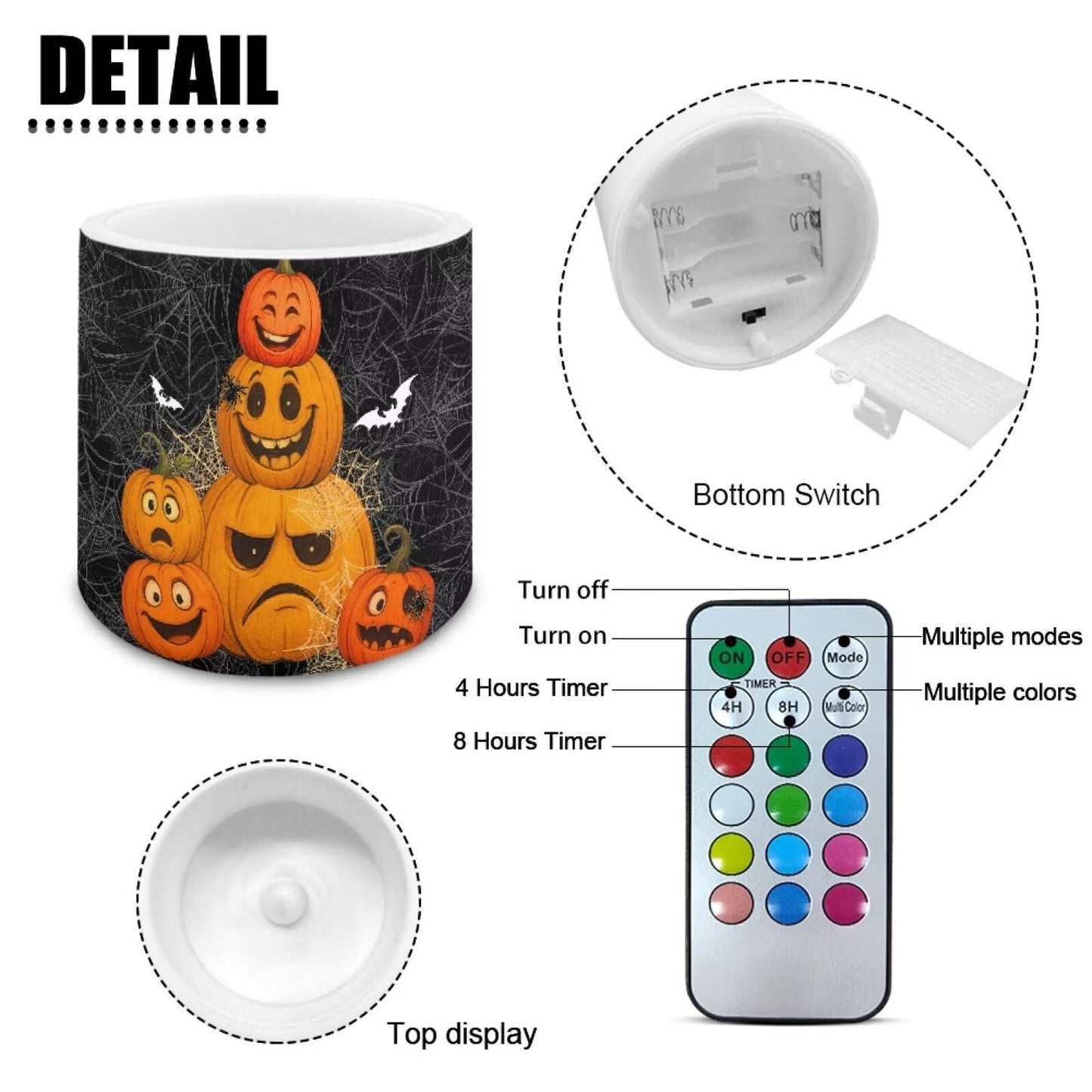 Merkmak Halloween Outdoor Flameless Candles with Remote Battery Operated LED Pillar Candles with Timers Tea Lights for Party Home Living Room Decor, Spider Web Bat Pumpkin Print