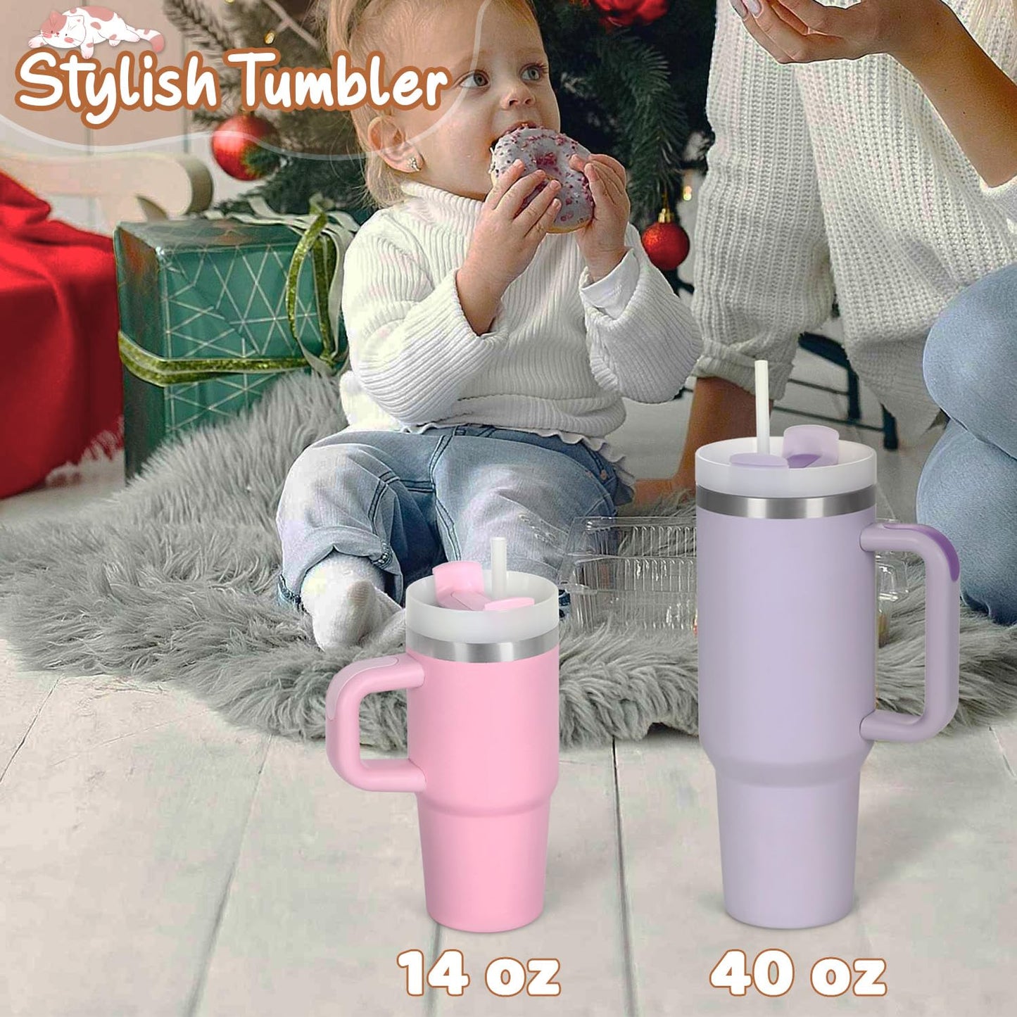Cosictic 14 Oz Tumbler with Handle and Straw for Kids, Stainless Steel Double Wall Vacuum Insulated Cup for Children, 14 Oz Cups for Kids (Sky Blue, Pink)
