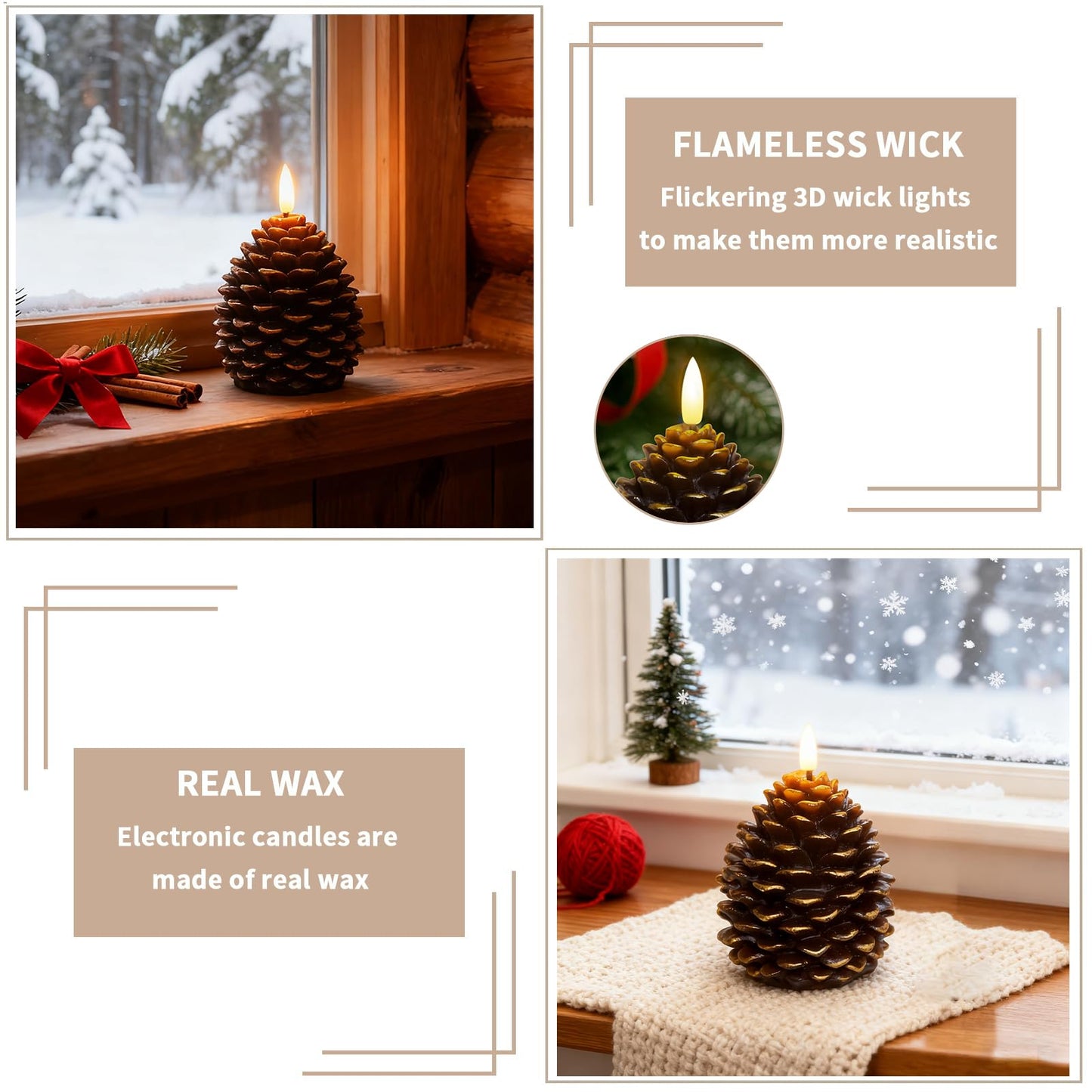 Guluto Flameless Pinecone Candles, Battery Operated Real Wax Candles, Led Flickering 3D Wick Candle with Remote and Timer for Christmas, Winter Holiday Decoration, 3.7'' x 5'' Brown