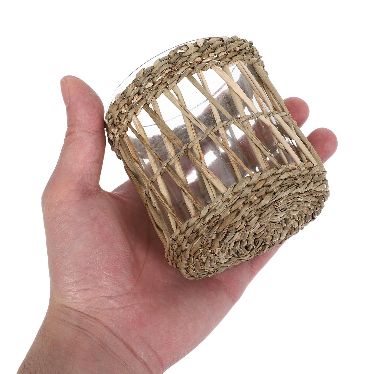 MAGICLULU Glass Tea Light Candle Holder Cups 7cm Diameter, Handwoven Straw Cylinder Votive Holders for Dining Room Table Centerpiece and Home Decor