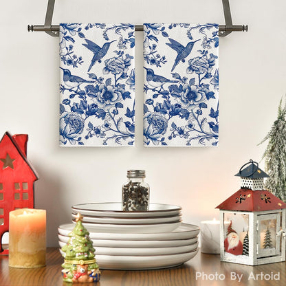 Artoid Mode Blue Hummingbird Flowers Kitchen Towels Dish Towels, 18x26 Inch Farmhouse Royal Blue Porcelain Decoration Hand Towels Set of 2