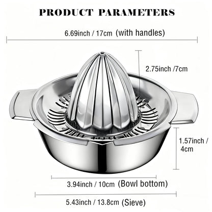 Citrus Lemon Orange Grapefruit Juicer Manual Squeezer 304 Stainless Steel Robust Hand Juicer Reamer Rotation Press with Strainer＆10oz Bowl, 2 Pour Spouts, Dishwasher Safe, Easy to Clean, Heavy Duty