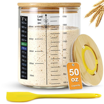 Sourdough Starter Jar, 50 oz Large Sourdough Jar with Time Keeper, Thermometer, Scraper, Wide Mouth Glass Sourdough Starter Kit for Beginners and Professional Bakers