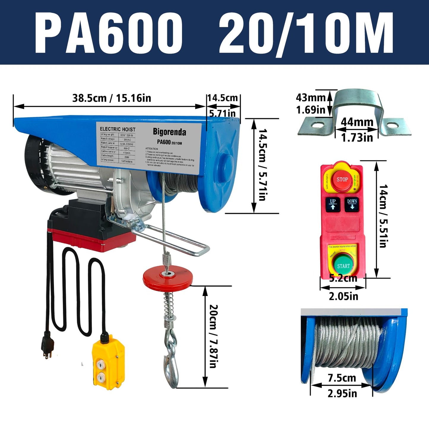 Bigorenda 1320lb Electric Hoist with Remote Control/Wired Control, Electric Hoist 2 in 1, 110v Electric Hoist with Single/Double Slings,65.6/33ft Lifting Height, for Factory Attic Garage Warehouse