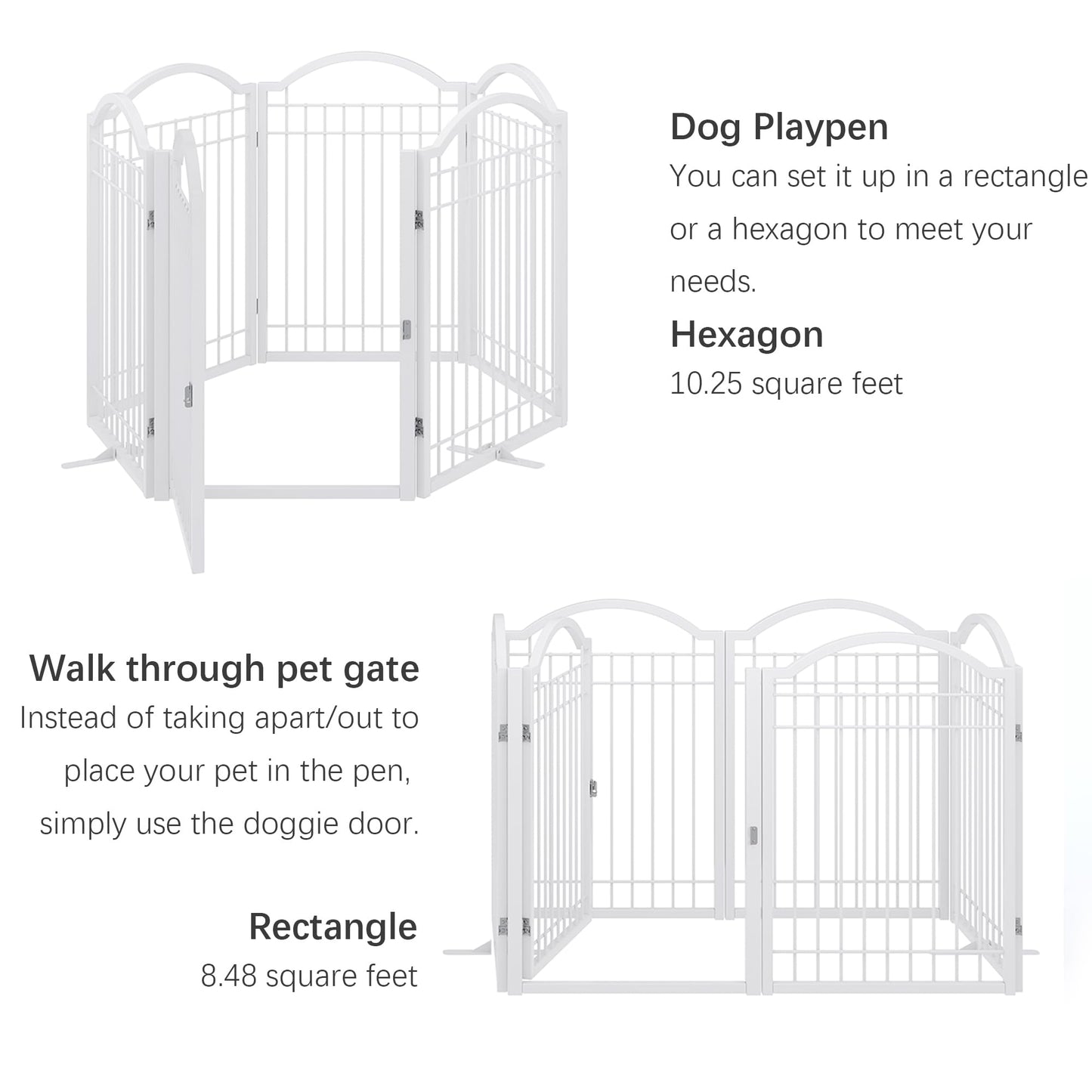 BHG Metal No-Assembly Freestanding Dog Gate with Door Walk Through, Extra Wide 144", Extra Tall 32" Pet Gate, Accordion Puppy Folding Playpen Dog Fence, with 2PCS Support (White, 6 panesl)