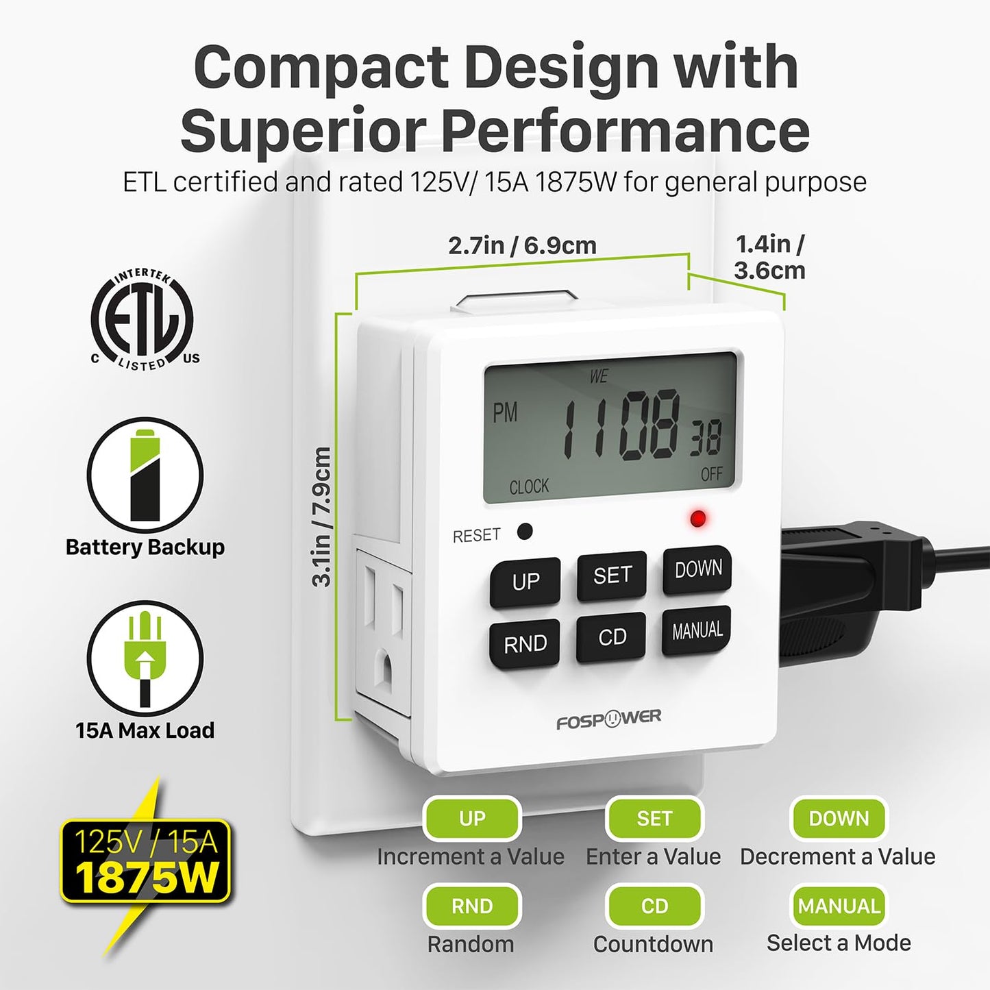 Fospower 7 Day Digital Timers for Electrical Outlets Indoor, Heavy Duty Dual Programmable Outlet Light Timer Switch, Electric Power Wall Timer for Grow Light, Appliance, Lamp, 3 Prong, Grounded