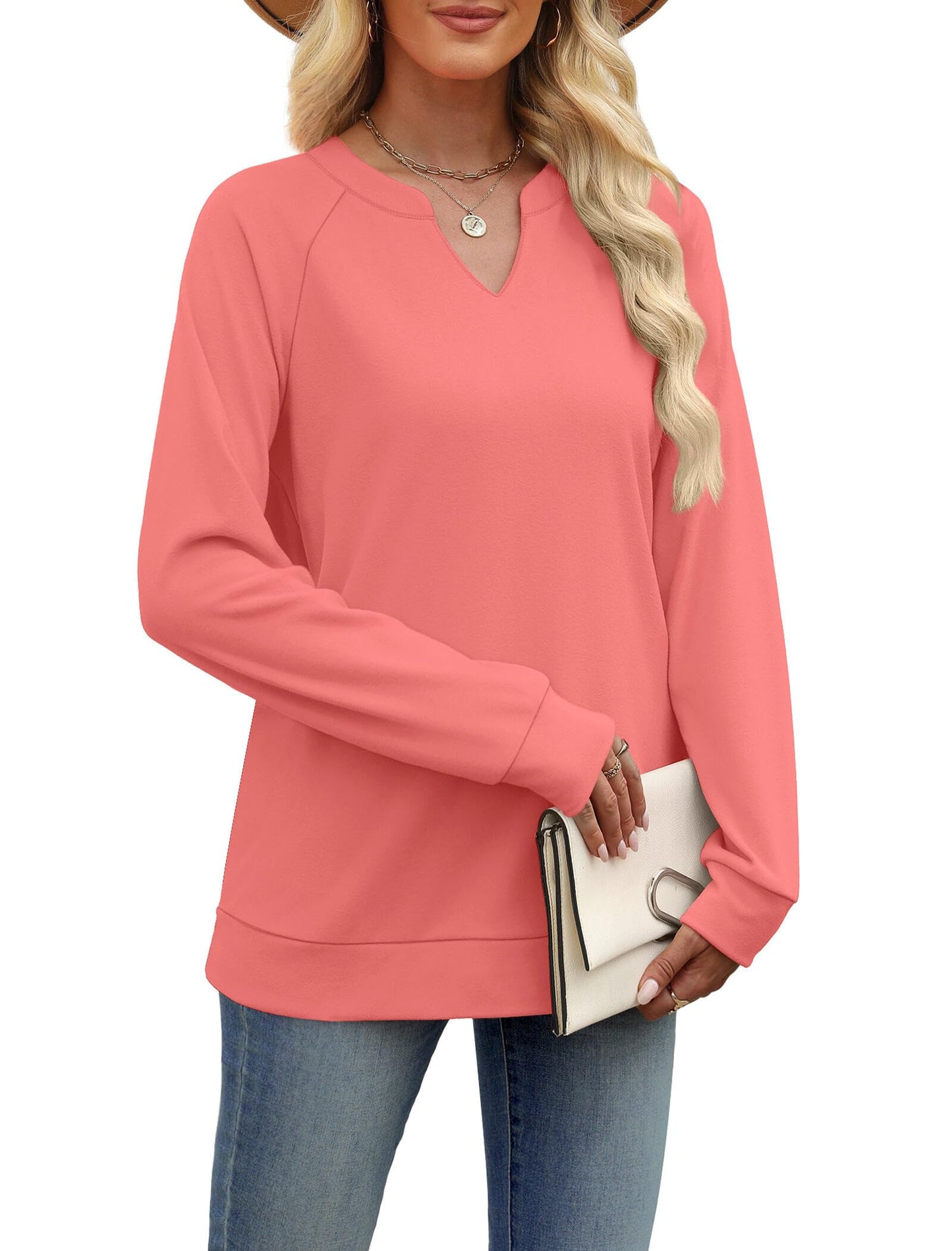 SAMPEEL Sweatshirts for Women V Neck Long Sleeve Shirts Lightweight Sweaters Fall Fashion Tops Outfits 2025