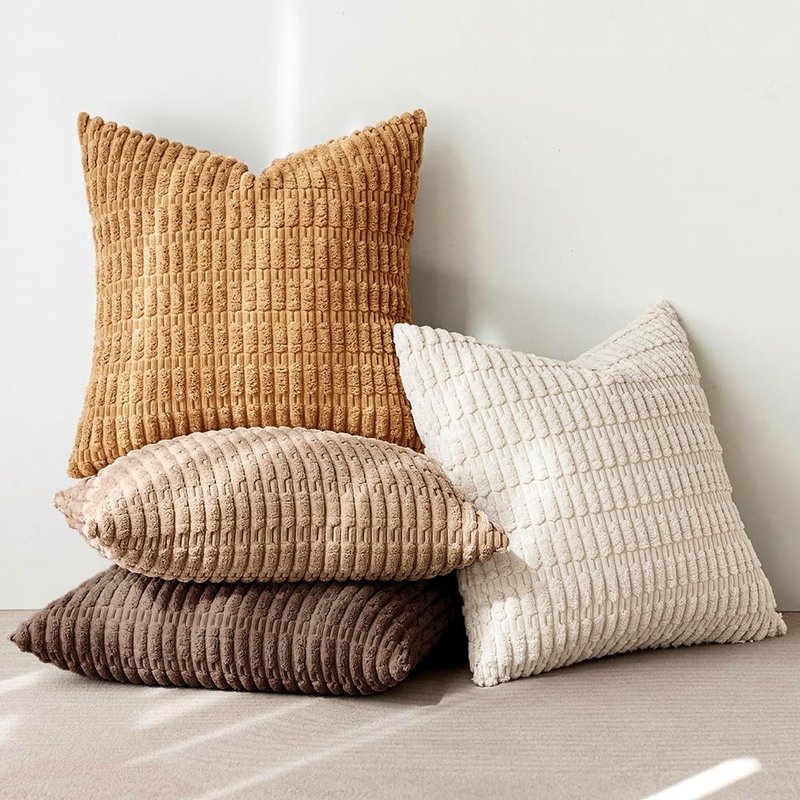MIULEE Pack of 4 Neutral Corduroy Decorative Throw Pillow Covers 18x18 Inch for Sofa Living Room Couch Bed Rustic Farmhouse Boho Soft Striped Pillow Covers Home Decor Brown