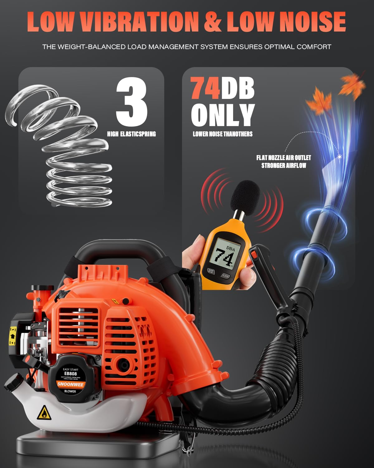 Relxxon Gas Powered Backpack Leaf Blower - 52cc 2-Stroke Engine, 200 MPH 550 CFM Heavy Duty Lawn Care Tool for Debris & Snow - 17.2lb Ultralight Design - 40oz Fuel Tank (Orange)