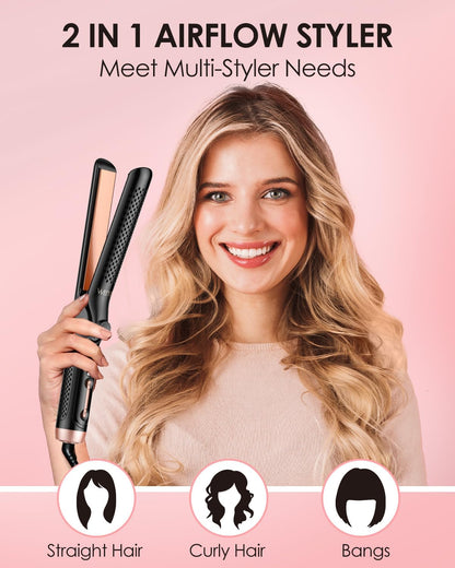 Airflow Styler Curling Iron 1 Inch Extral Long Plate, Dual Voltage Hair Straightener and Curler 2 in 1 for All Hair,Travel Flat Iron Hair Curler Ceramic