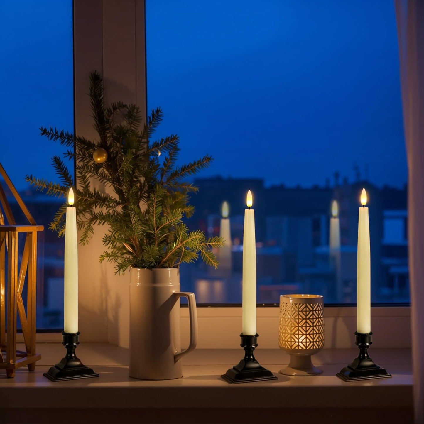 GenSwin Christmas Window Candles with Remote Timer, 3 Pcs Battery Operated Window Candles, Real Wax LED Flameless Taper Candle with Black Flameless Candlesticks for Home Decor(Ivory)