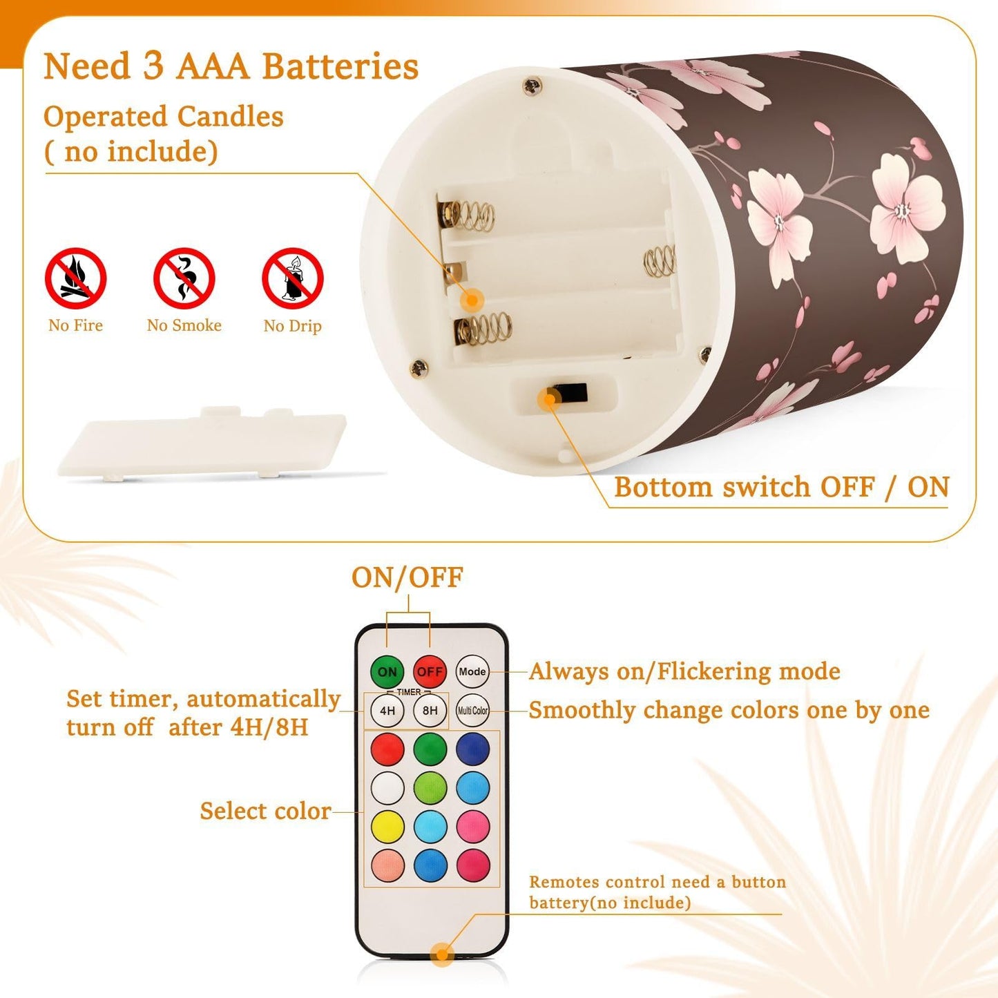 ALAZA Pink Cherry Blossom Flower Pattern Flameless Candles Flickering LED Candles with Remote Timer Battery Operated Pillar Candles Set of 2 for Dinner Holiday Decor